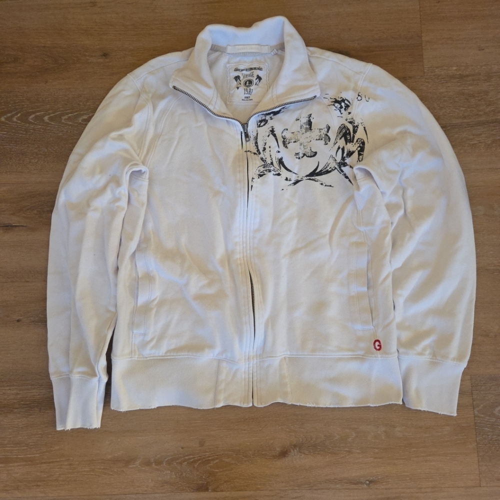 Y2K Guess Mens White Zip Up Jacket with Black Cross Design